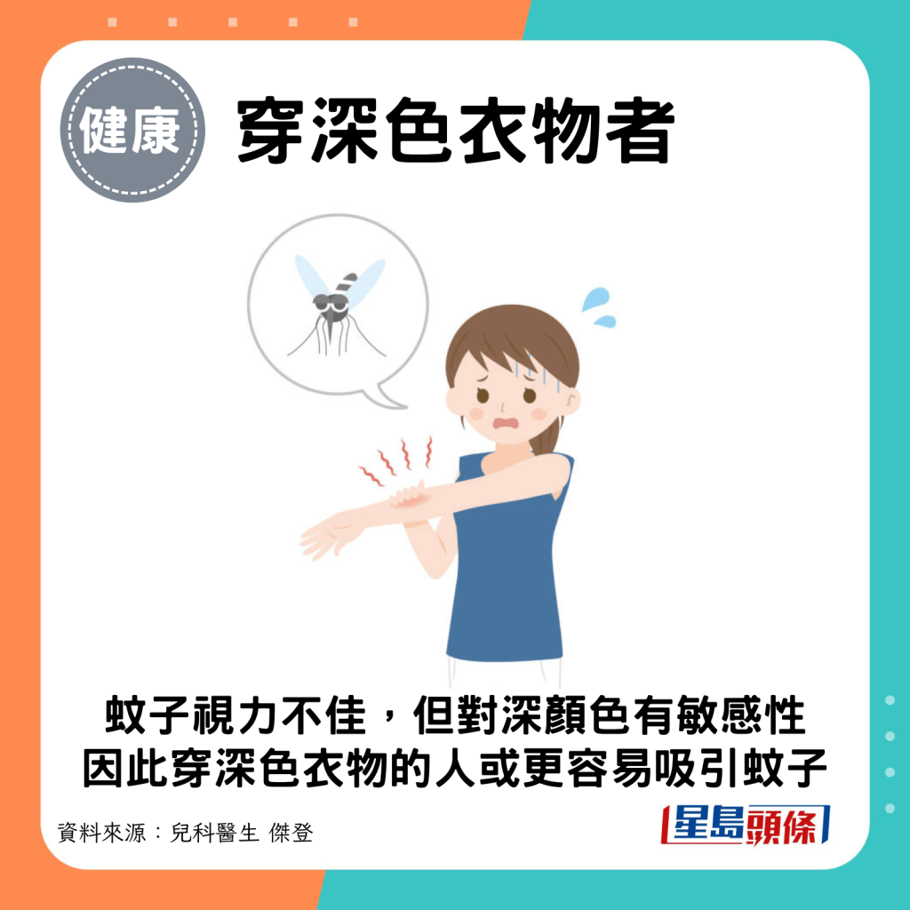 蚊子對深顏色有敏感性，穿深色衣服人士更易吸引蚊子。