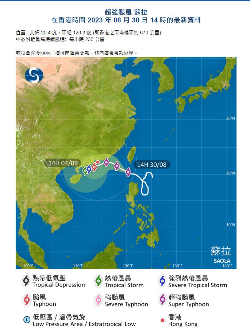 在下午四时，超强台风苏拉集结在高雄以南约240公里。天文台网页截图
