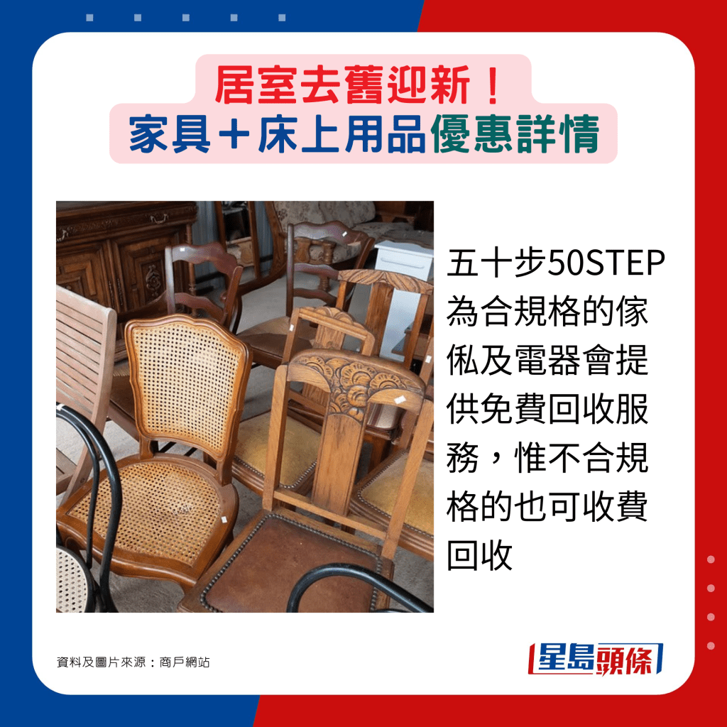 五十步50STEP为合规格的家俬及电器会提供免费回收服务，惟不合规格的也可收费回收