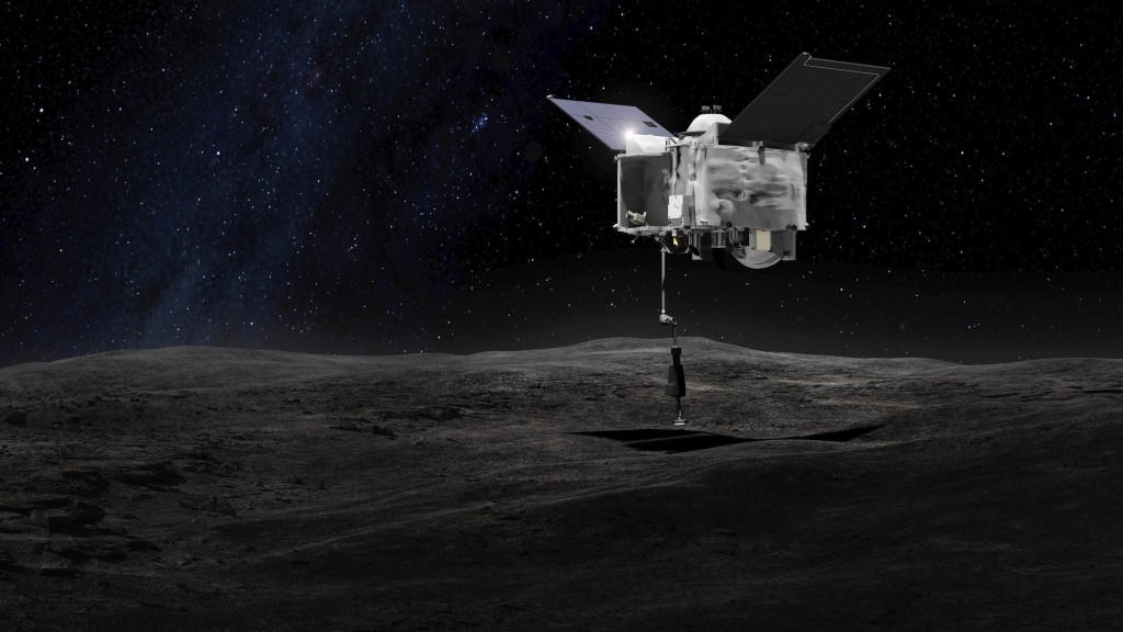  「歐西里斯號」取樣機械臂接觸貝努小行星的一刻。（想像圖）  美聯社