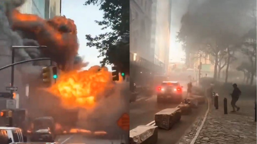 华尔街发生汽车爆炸，现场一片混乱。Visegrád 24@X。后期拼图