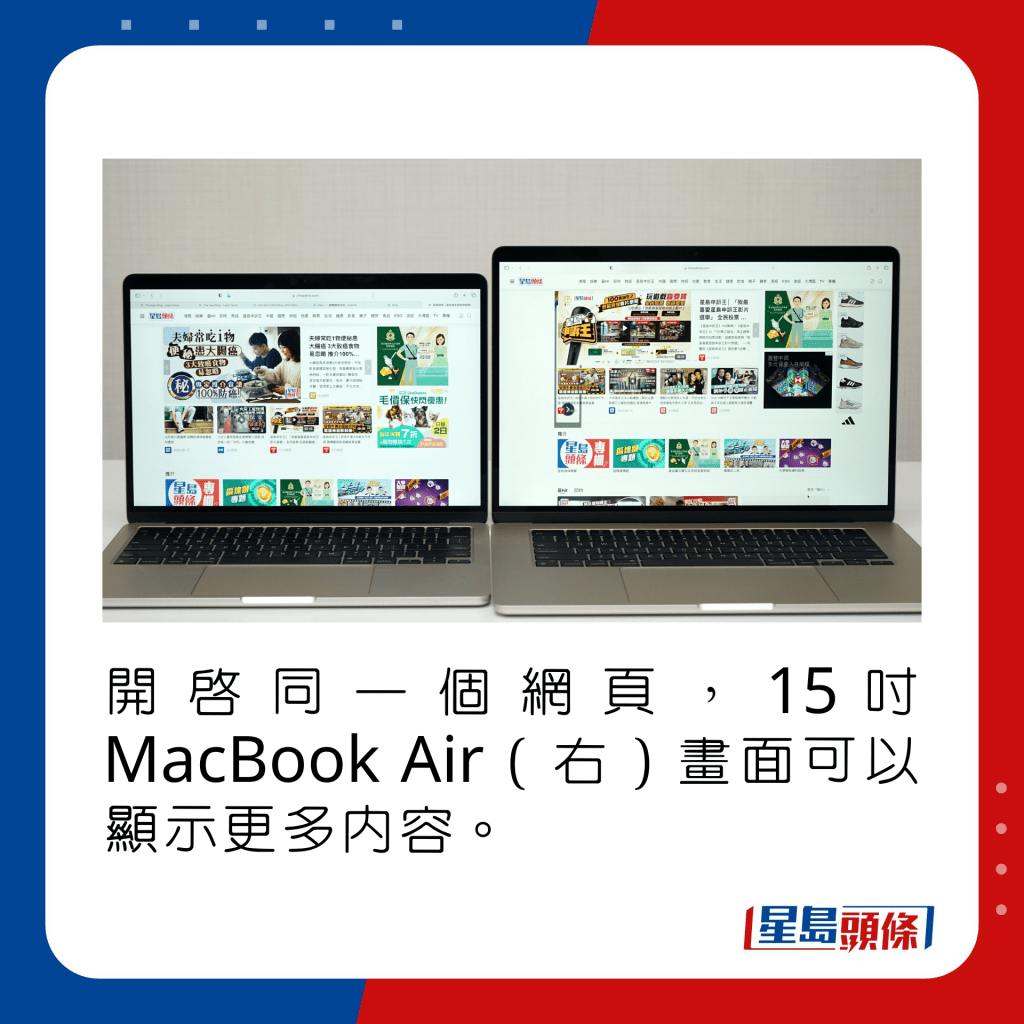 開啟同一個網頁，15吋MacBook Air（右）畫面可以顯示更多內容。