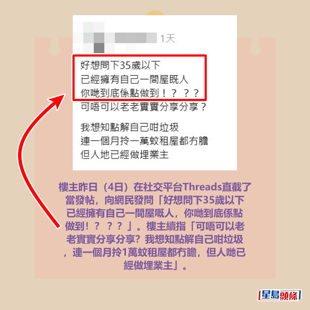 樓主昨日(4日)在社交平台Threads直截了 當發帖,向網民發問「好想問下35歲以下 已經擁有自己一間屋嘅人,你哋到底係點 做到!? ??」。樓主續指「可唔可以老 老實實分享分享?我想知點解自己咁垃圾 ,連一個月拎1萬蚊租屋都冇膽,但人哋已 經做埋業主」。。Threads截圖 樓主昨日(4日)在社交平台Threads直截了 當發帖,向網民發問「好想問下35歲以下 已經擁有自己一間屋嘅人,你哋到底係點 做到!? ??」。樓主續指「可唔可以老 老實實分享分享?我想知點解自己咁垃圾 ,連一個月拎1萬蚊租屋都冇膽,但人哋已 經做埋業主」。。Threads截圖