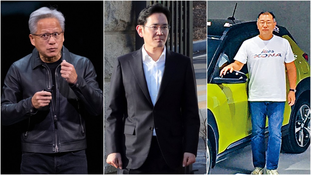 (左起)黃仁勳、李在鎔、鄭義宣。 美聯社 / 新華社 / 星島資料圖