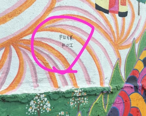 有人在壁畫上以原子筆寫上名字。FB社群「錦田壁畫村」圖片