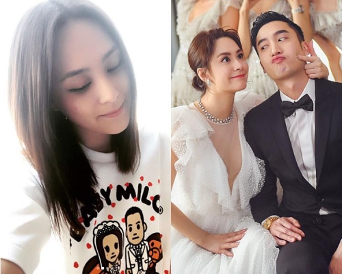 阿嬌開心分享結婚肖像公仔T恤。