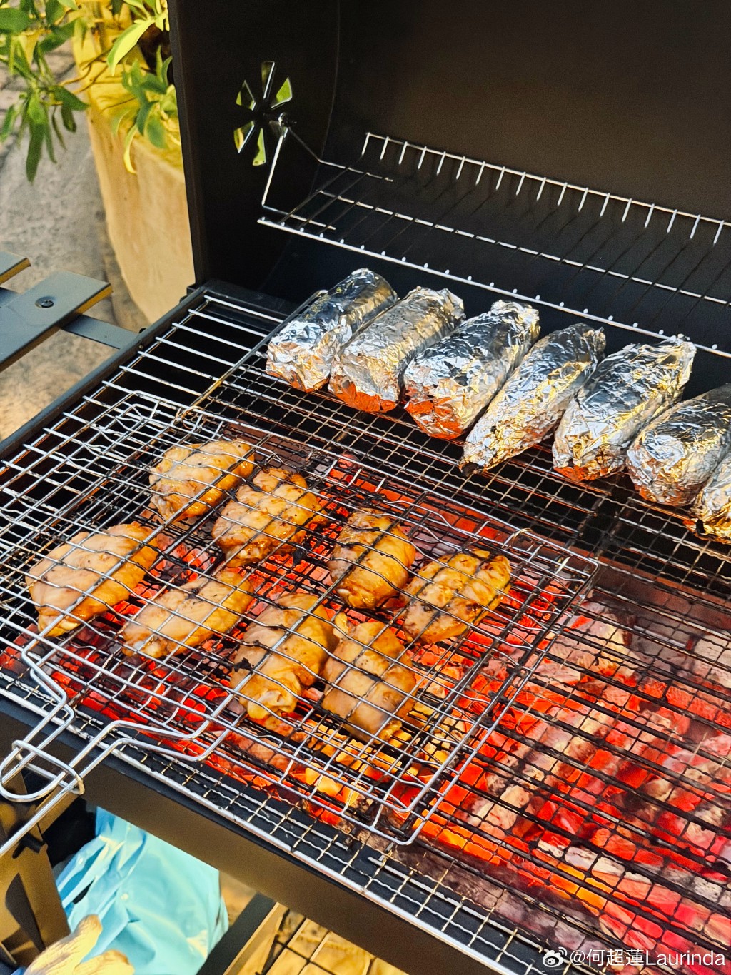 何超蓮分享在烤網上的美味雞翼。