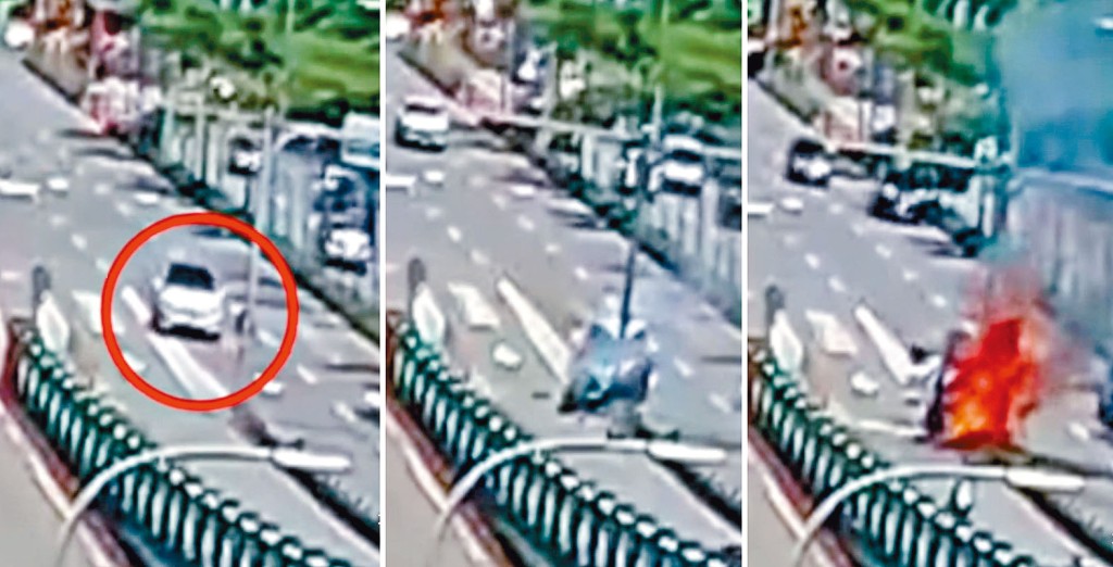 閉路電視錄到林志穎座駕偏移路綫,撞向指示桿後車頭起火。