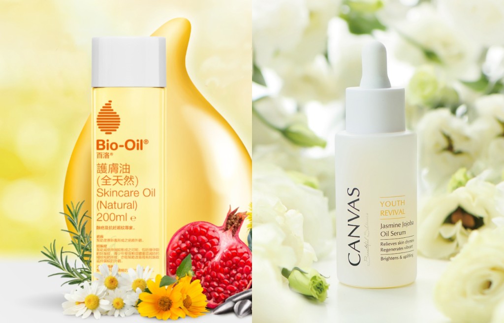 From Left: Bio-Oil®全新全天然护肤油（$299/200ml）、CANVAS「夜皇后美人油」茉莉紧致美容油（$595/30ml）