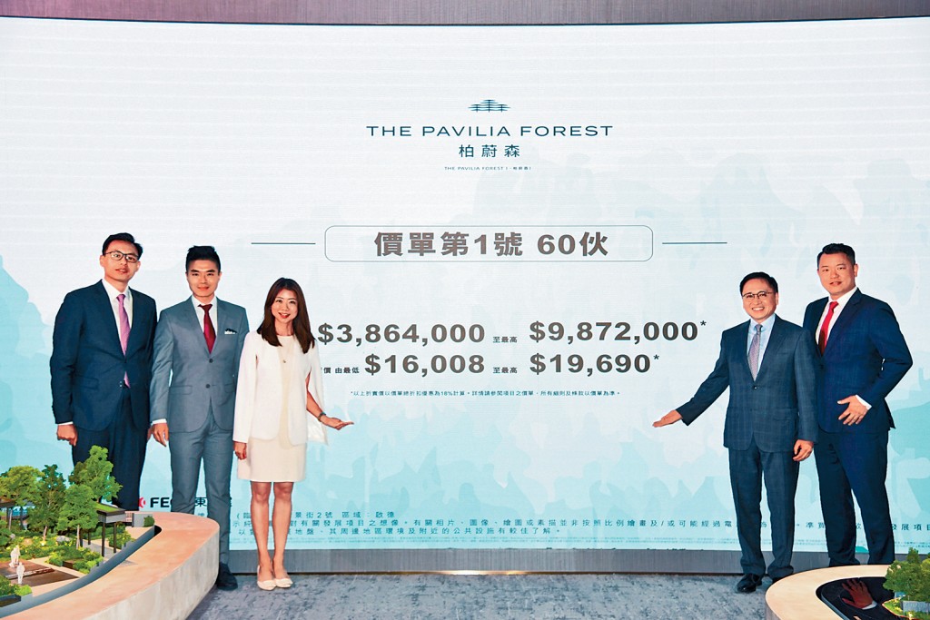 新世界何家欣(左三)表示,首批折實售價均在990萬內。右二為遠東方文昌、右一為陳富強。