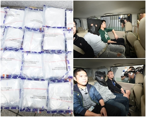 左為檢獲的懷疑可卡因；右為被捕的兩名男子。
