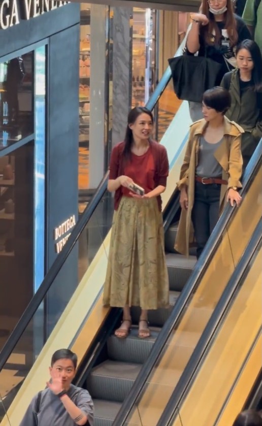 舒淇與李心潔在商場內的扶手電梯雞啄唔斷。
