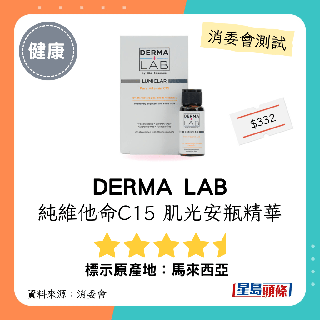 消委会维他命C护肤品测试｜「DERMA LAB」纯维他命C15 肌光安瓶精华