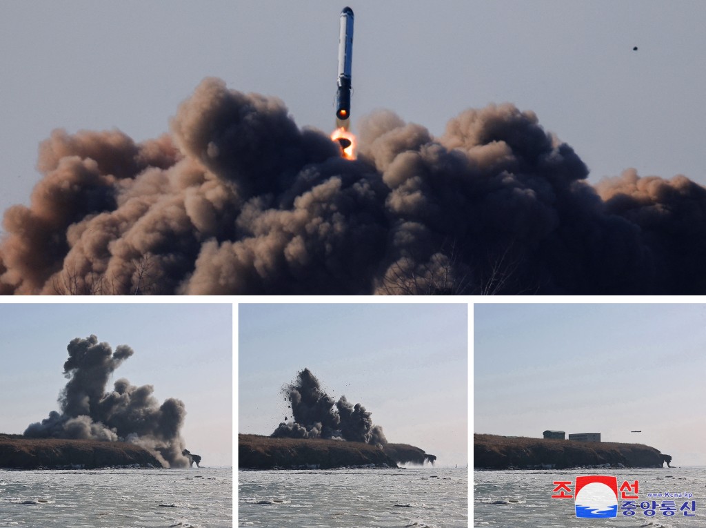 今年2月，北韓在西海岸測試了新型陸對空巡航導彈。 朝中社/路透社