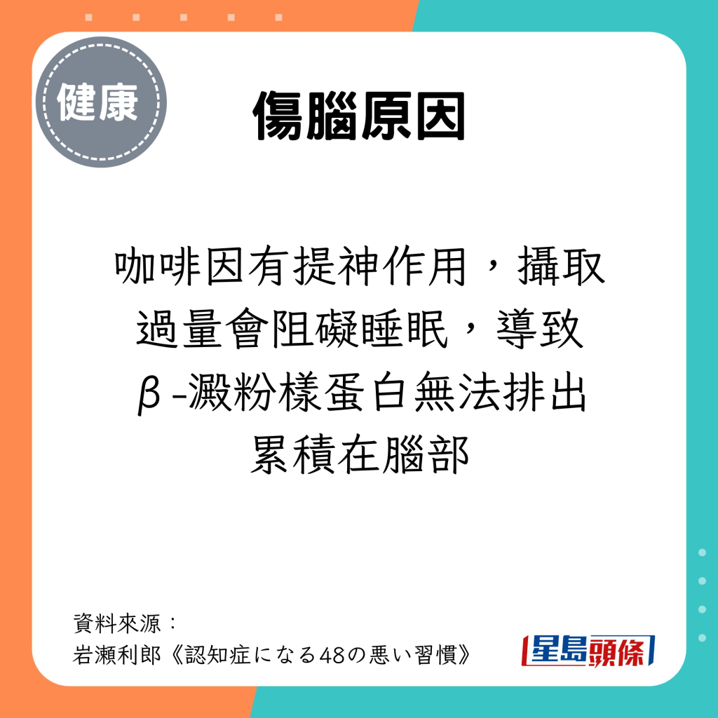 咖啡因有提神作用，攝取過量會阻礙睡眠，導致β-澱粉樣蛋白無法排出累積在腦部