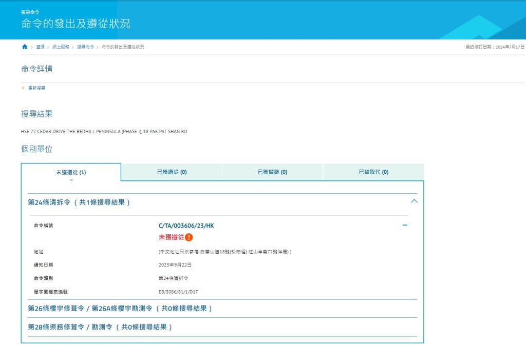 跟进红山半岛业主漠视清拆情况，70号、72号、74号及76号屋的清拆令于去年9月22日发出，至今仍标示「未获遵从」。屋宇署网站截图