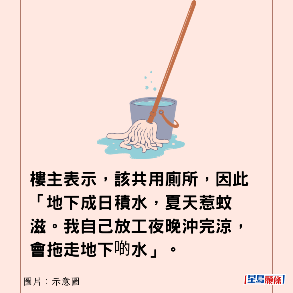 樓主表示，該共用廁所，因此「地下成日積水，夏天惹蚊滋。我自己放工夜晚沖完涼，會拖走地下啲水」。