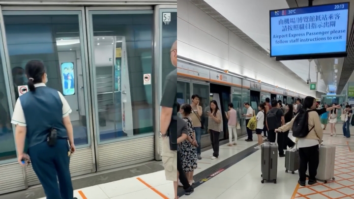 網民拍得機場快綫列車駛入東涌綫青衣站月台。Threads「yiptakhung」影片截圖