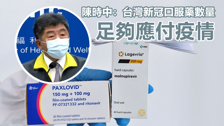 陳時中(小圖，網上影片截圖)指台灣採購的新冠口服藥份量「一定夠」應付疫情。背景為路透社資料圖片