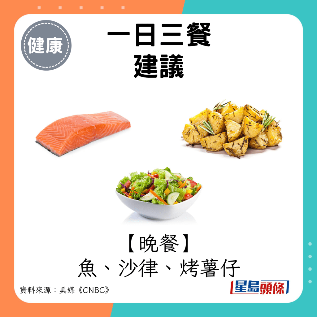 晚餐：魚、沙律、烤薯仔。