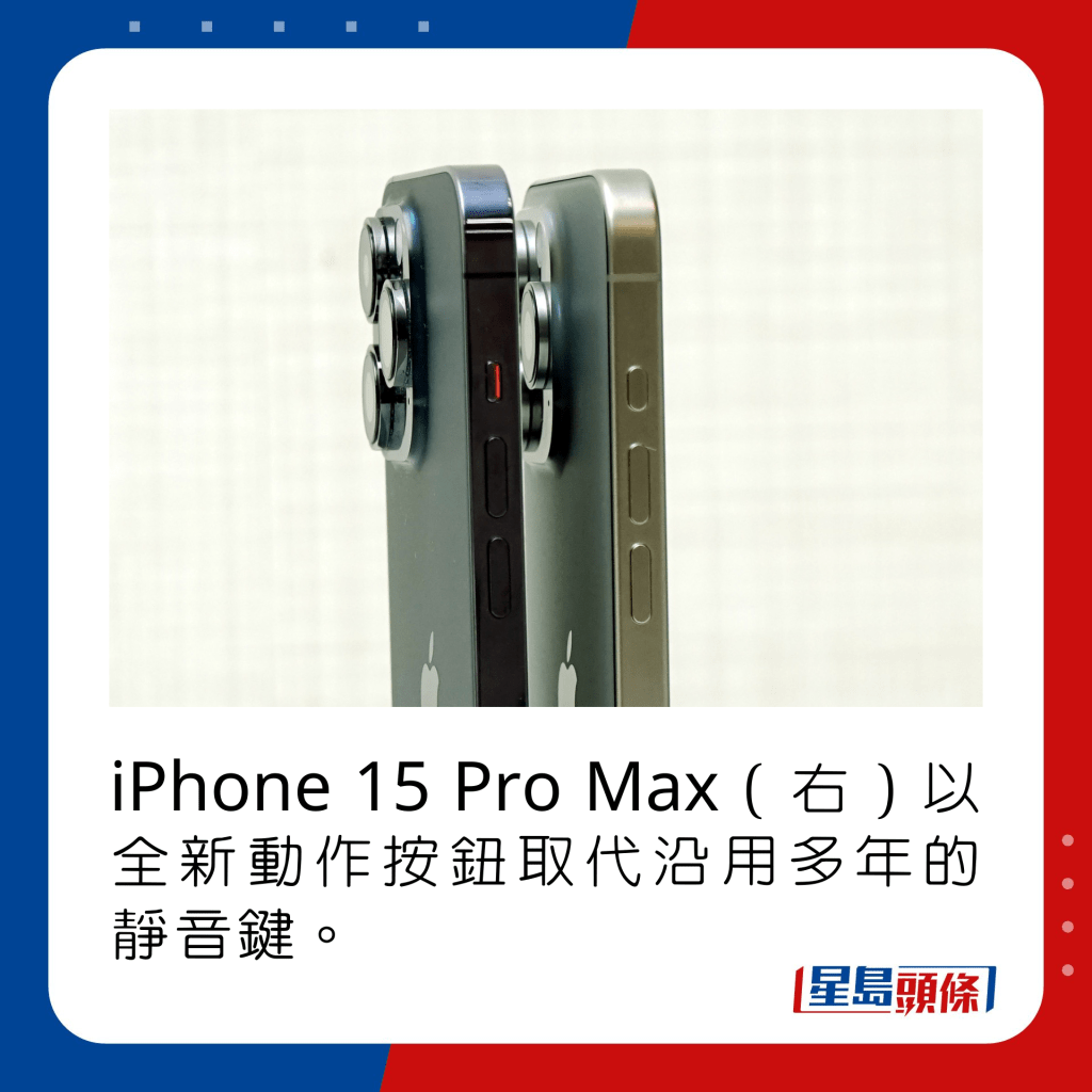 iPhone 15 Pro Max（右）以全新動作按鈕取代沿用多年的靜音鍵。