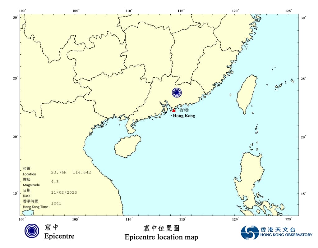 天文台初步分析显示本港的地震烈度为修订麦加利地震烈度表的第III（三）度。天文台FB图片