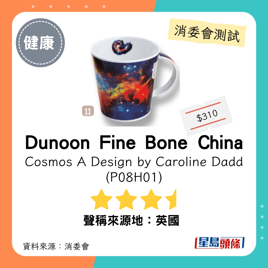 消委會陶瓷餐具測試｜3.5星：「Dunoon Fine Bone China」Cosmos A Design by Caroline Dadd (P08H01)。