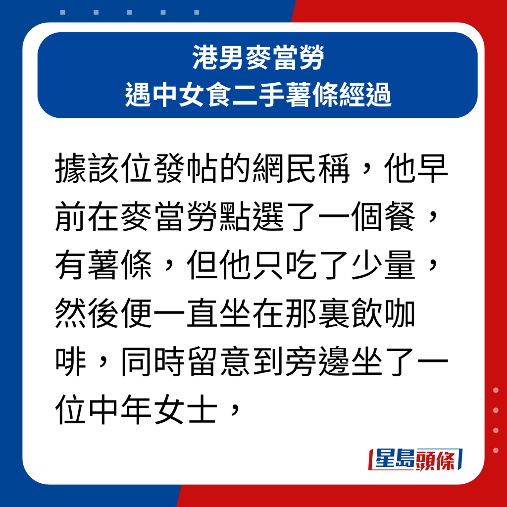 港男麦当劳遇中女食二手薯条经过｜据该位发帖的网民称，他早前在麦当劳点选了一个餐，有薯条，但他只吃了少量，然后便一直坐在那里饮咖啡，同时留意到旁边坐了一位中年女士，