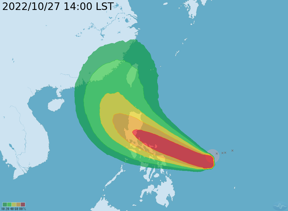 台湾中央气象局的暴风圈侵袭机率。