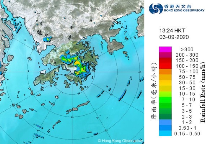 雷達圖顯示在海風匯聚下,在9月3日下午出現高溫觸發的驟雨。天文台圖片