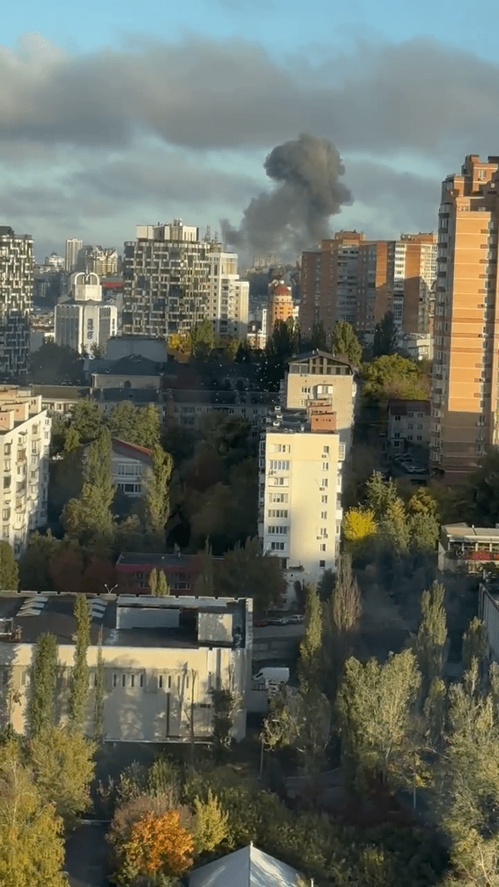 网上出现蕈状浓烟从基辅市中心多处建筑窜升的画面。网图