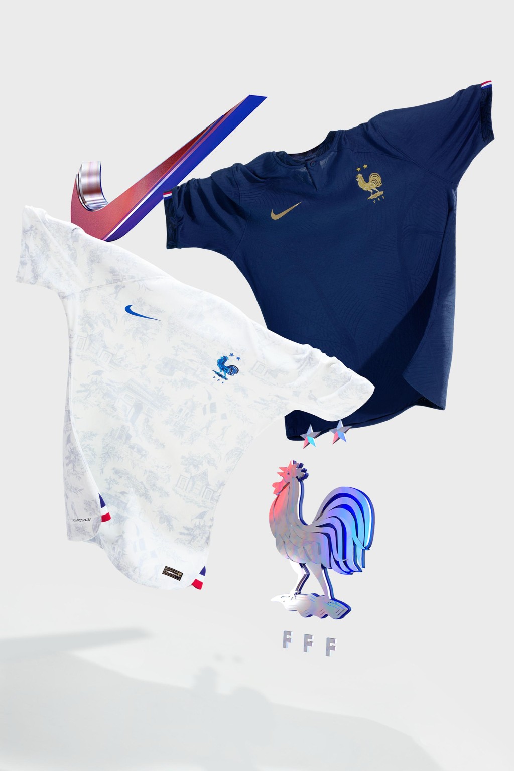 ６）法國 / 主場球衣： 法國今屆於世界盃力爭衛冕，主場球衣則以簡潔風格為主調，球衣的橡樹葉和橄欖枝圖案代表著力量、團結與和平。經典的法式設計元素包括袖口的三色圖案，以及配以金色徽章，簡約卻不失華麗。Nike圖片