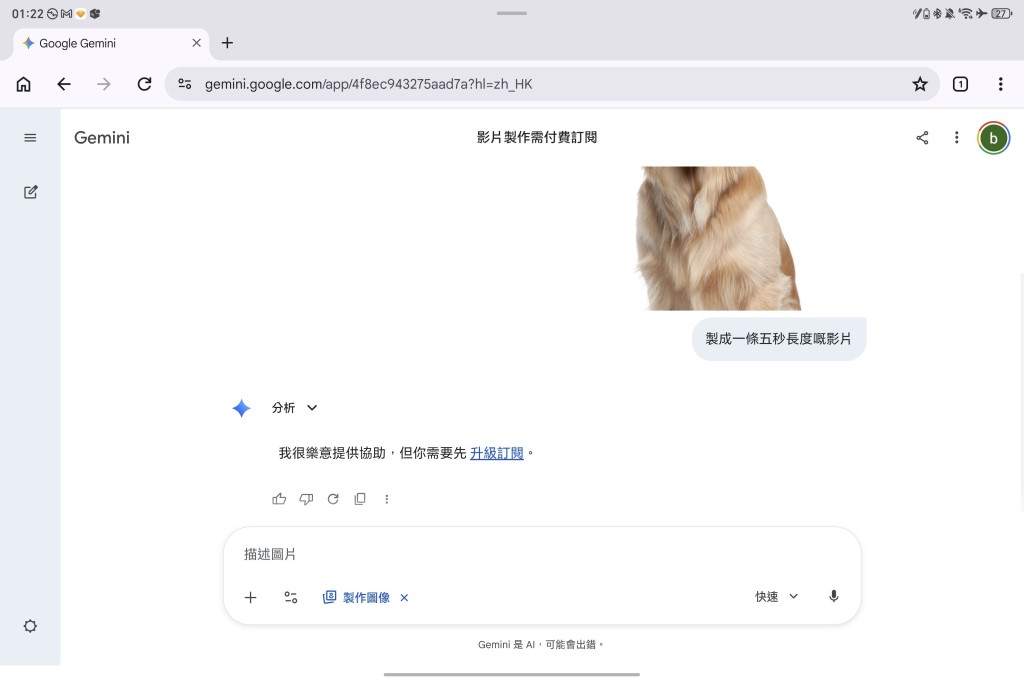 免費版Gemini不支援生成影片。