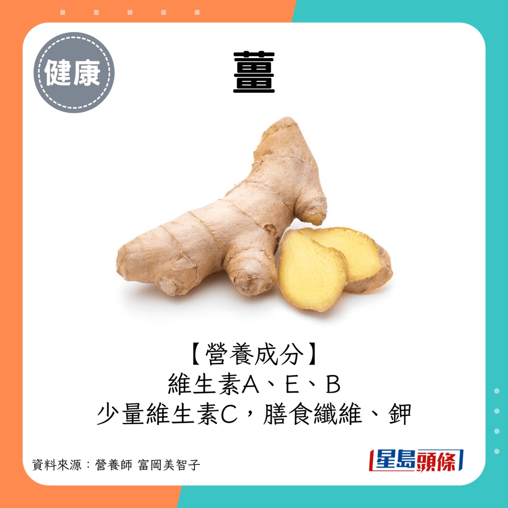 薑營養成分：維生素A、E、B與少量維生素C，膳食纖維、鉀。