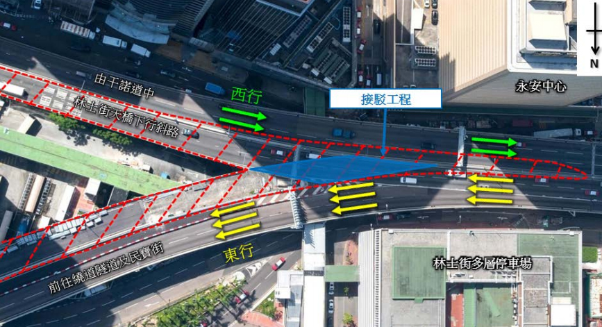 中環灣仔繞道及東廊連接路將於1月20日通車 。圖為第一階段通車安排。 政府圖片