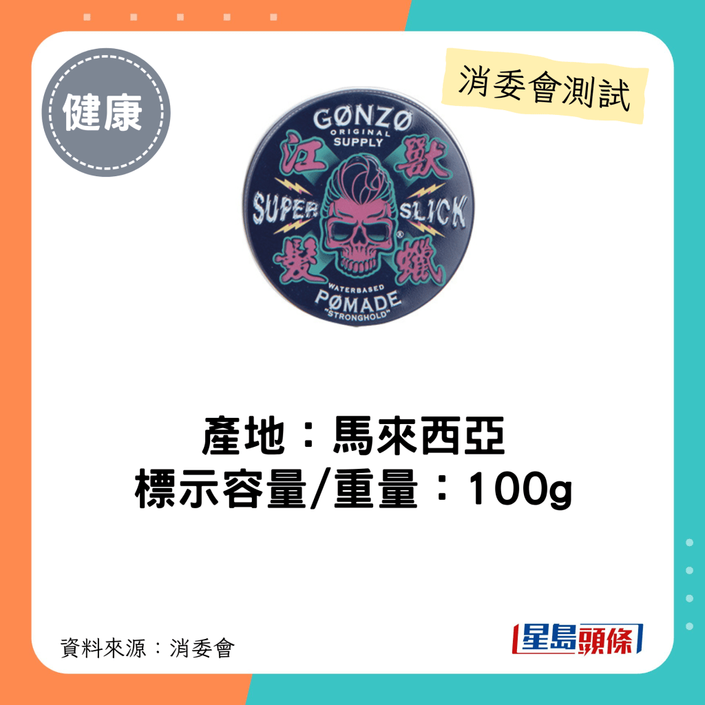 消委会不含香料致敏物头发造型产品｜江兽发蜡 Gonzo SUPER SLICK WATER BASED POMADE STRONG HOLD容量/重量为100克。