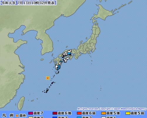 沖繩縣以北發生6.1級地震。圖：日本氣象廳