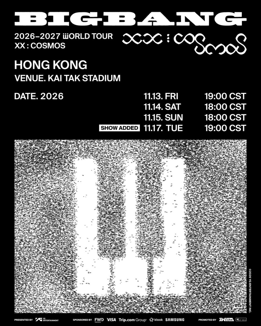 BIGBANG香港啟德演唱會9月22日宣布終極加開11月17日最後一場。 BIGBANG香港啟德演唱會9月22日宣布終極加開11月17日最後一場。