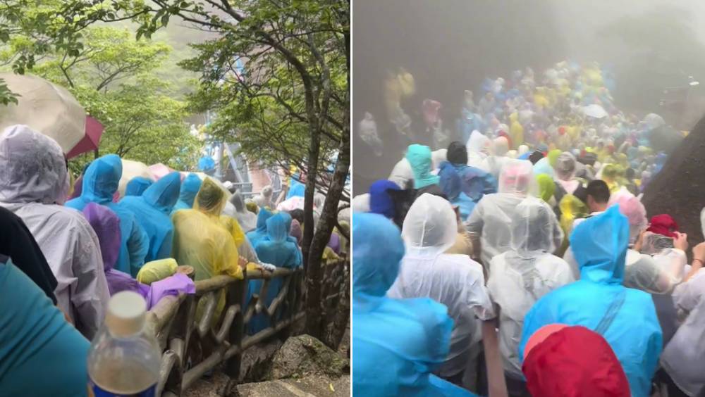颱風白海豚重創黃山，纜車停擺數百旅客冒雨「打蛇餅」落山。 抖音