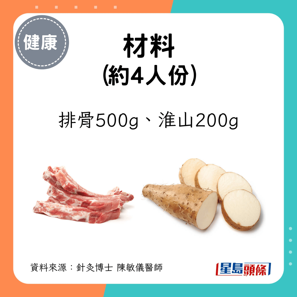 約4人份材料：排骨500g、淮山200g