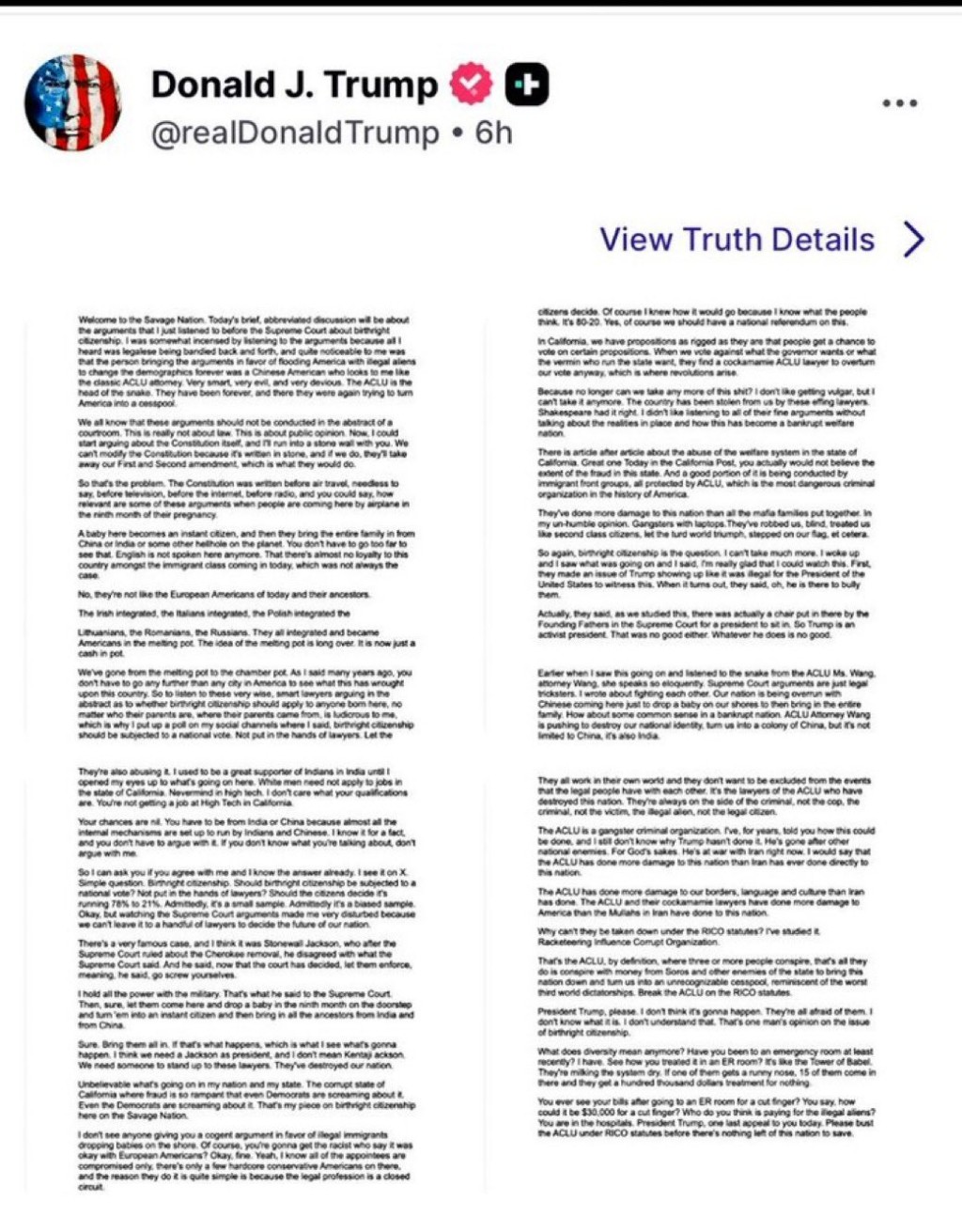 特朗普转发批评移民的超长文章。