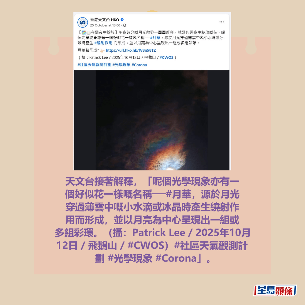 資料來源:香港天文台 HKO@facebook(攝:Patrick Lee / 2025年10月12日 / 飛鵝山 / #CWOS) 資料來源:香港天文台 HKO@facebook(攝:Patrick Lee / 2025年10月12日 / 飛鵝山 / #CWOS)