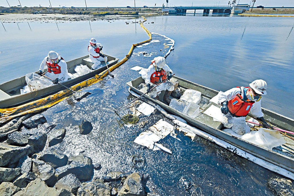 加州工人放置攔油網保護濕地。