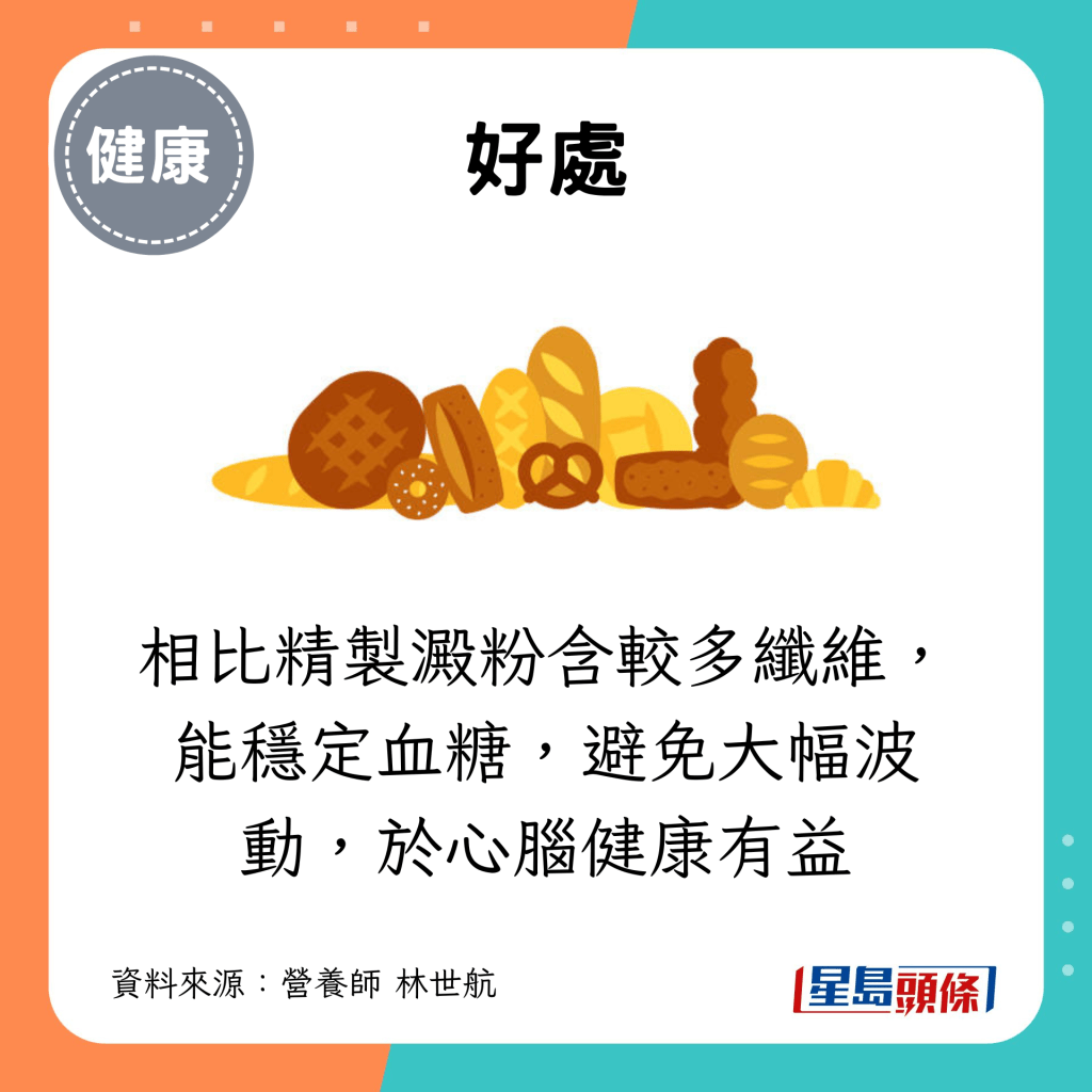 相比精製澱粉含較多纖維，能穩定血糖，避免大幅波動，於心腦健康有益