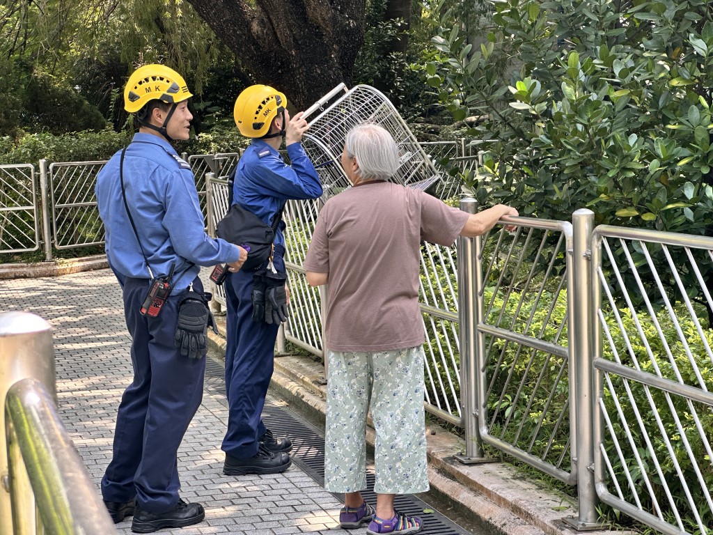 消防員協助鸚鵡女主人救雀。梁國峰攝