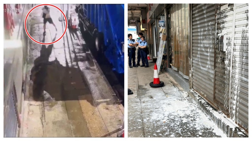 閉路電視拍下一名白衣男子，向店舖淋潑油漆，警方列作刑毀案調查。梁國峰攝