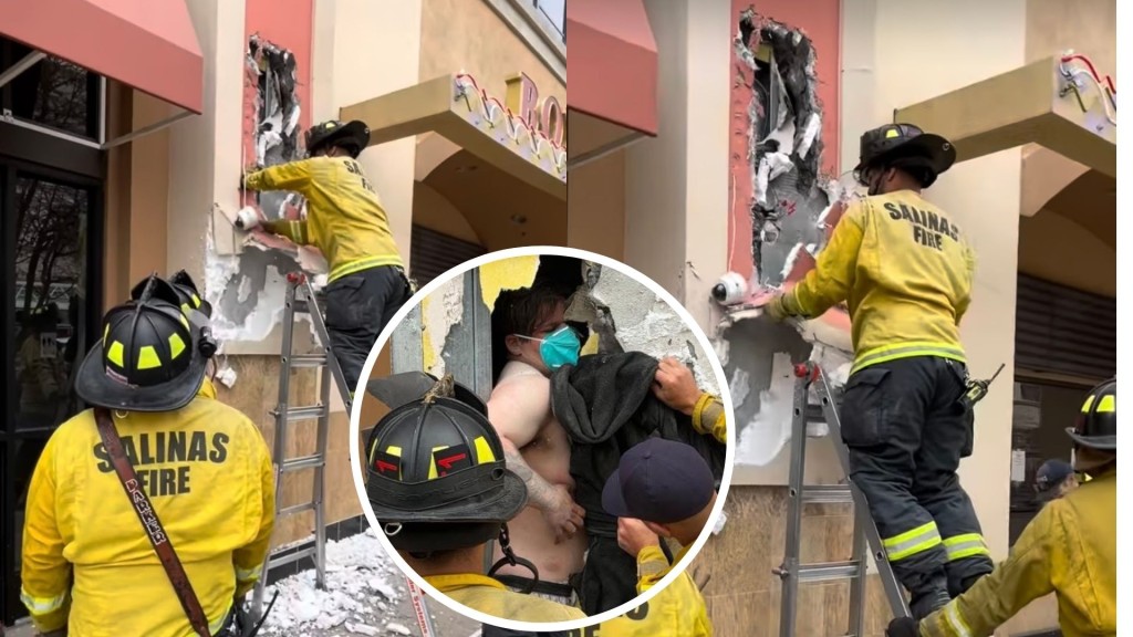 加州笨贼失足「摄墙罅」受困10小时。 fb / Salinas Police Department
