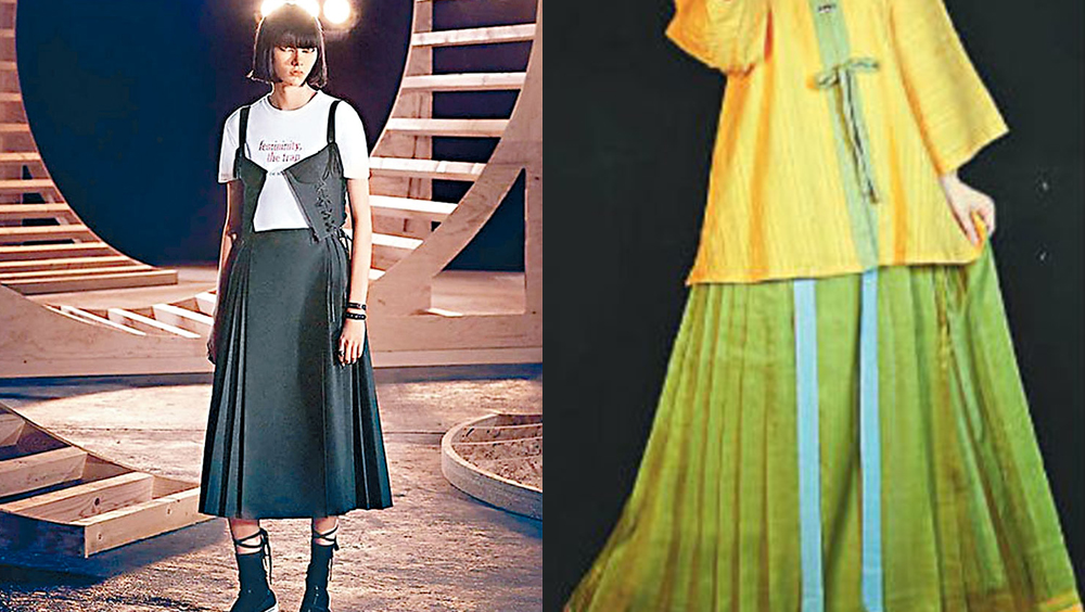 DIOR早年推出的一款裙（左），被指被批抄袭汉服马面裙（右）。网图