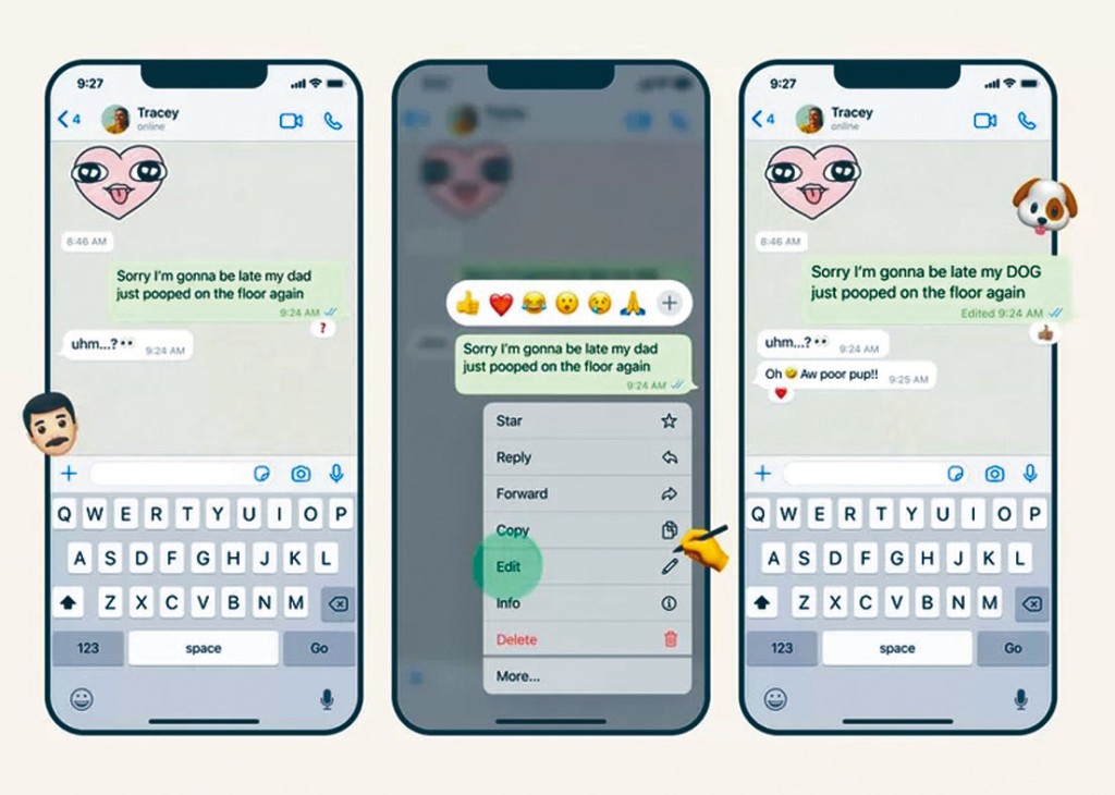 WhatsApp用戶長按已傳送的訊息，再選「編輯」便能修改內容。