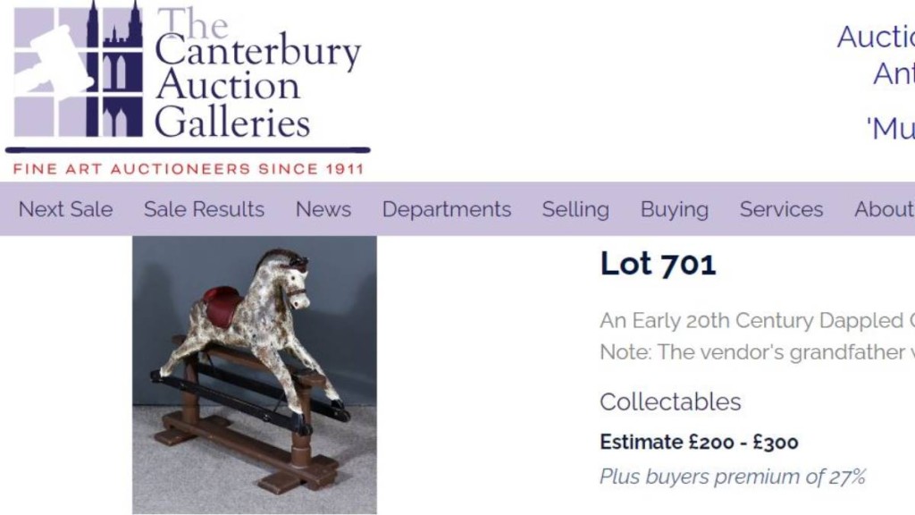 有80多年歷史的搖搖馬即將被拍賣。(www.thecanterburyauctiongalleries.com)